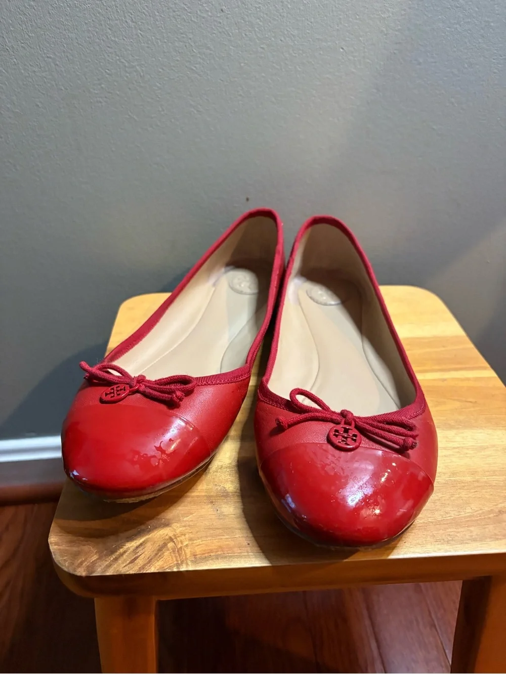 Tory Burch Red Patent Leather Logo Bow Flats